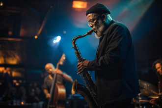 Joshua Redman tocando saxofone em apresentação de jazz com iluminação cênica azul e âmbar