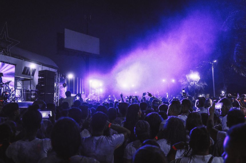 Grande público acompanha um show noturno diante de um palco iluminado com luzes coloridas.
