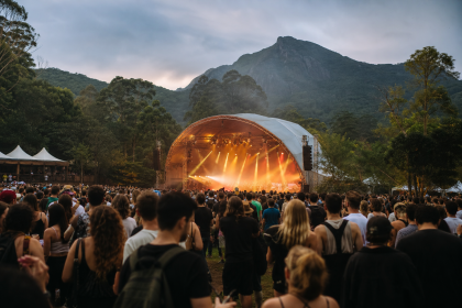 Cena ilustrativa de festival de música ao ar livre em uma área verde de Petrópolis