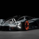 Renderização de um carro esportivo elétrico futurista em um estúdio escuro.
