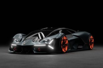 Renderização de um carro esportivo elétrico futurista em um estúdio escuro.