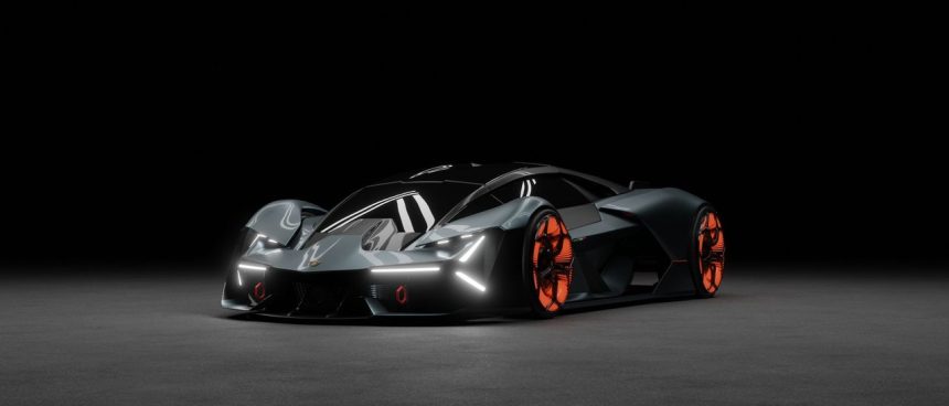 Renderização de um carro esportivo elétrico futurista em um estúdio escuro.