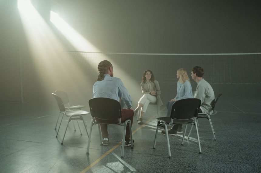 Grupo diverso de adultos participa de uma reunião de apoio em um ginásio iluminado.